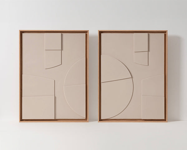 Diptyque de tableaux en relief contemporain en plâtre et en bois